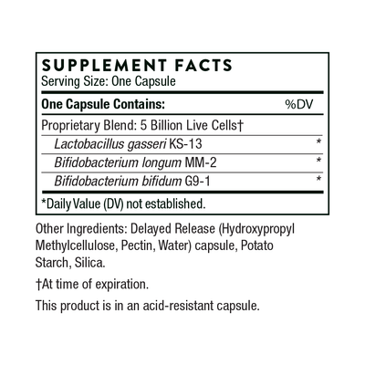 Thorne FloraMend Prime Probiotic 30 Capsules supplement facts panel showing 5 billion CFU probiotic blend and ingredients