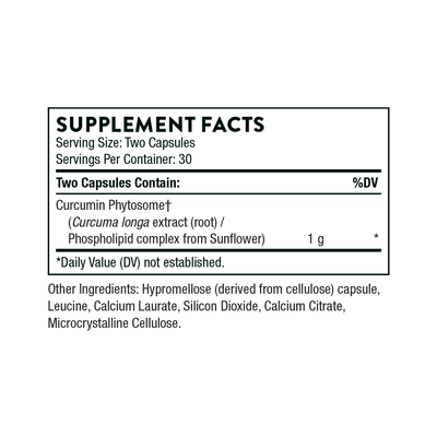 Thorne Curcumin Phytosome 1,000 mg supplement facts label showing ingredients and serving size for 60 capsules