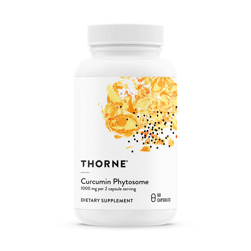 Thorne Curcumin Phytosome 1000 mg, 60 capsules bottle front with white label and yellow-orange abstract design