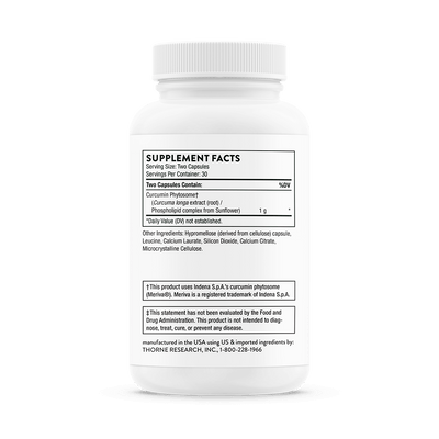 Back of Thorne Curcumin Phytosome 1,000 mg 60-capsule bottle showing supplement facts and ingredient details.