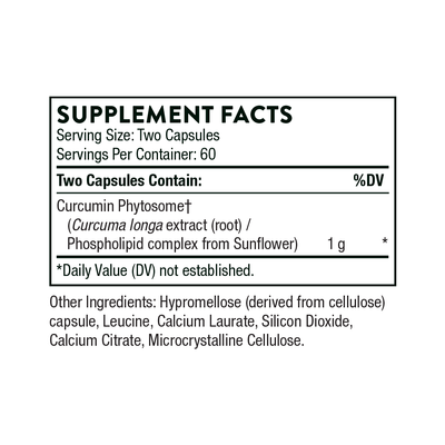 Thorne Curcumin Phytosome 120 capsules supplement facts label showing 1 g curcumin phytosome per two-capsule serving