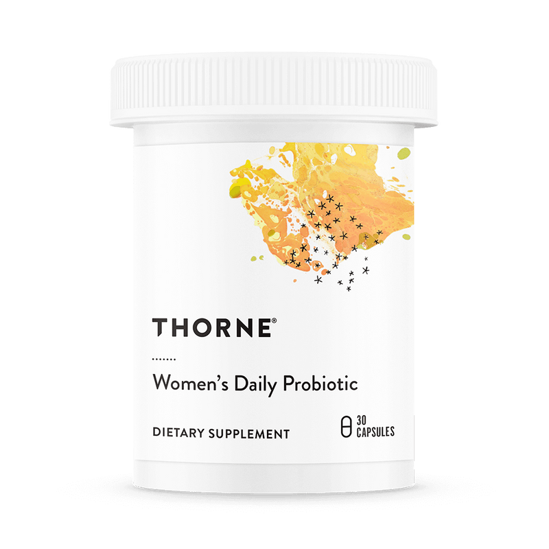 Thorne Women’s Daily Probiotic 30 capsules bottle front with white label and yellow-orange abstract design