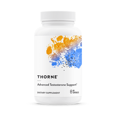Thorne Advanced Testosterone Support 60 capsules bottle front with white label and blue-orange abstract design