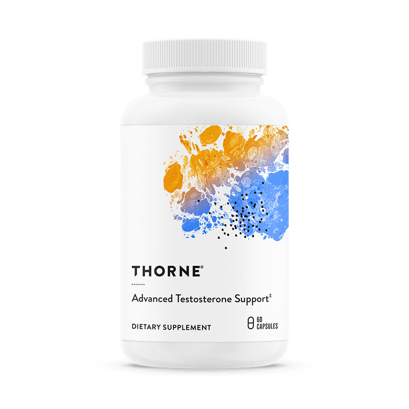 Thorne Advanced Testosterone Support 60 capsules bottle front with white label and blue-orange abstract design