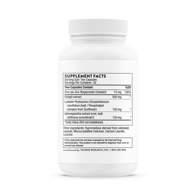 Thorne Advanced Testosterone Support 60-capsule bottle, back label showing supplement facts and ingredients list.