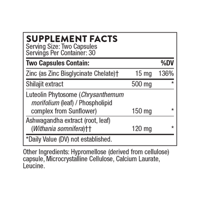 Thorne Advanced Testosterone Support 60 Capsules supplement facts label with zinc, shilajit, luteolin, and ashwagandha details