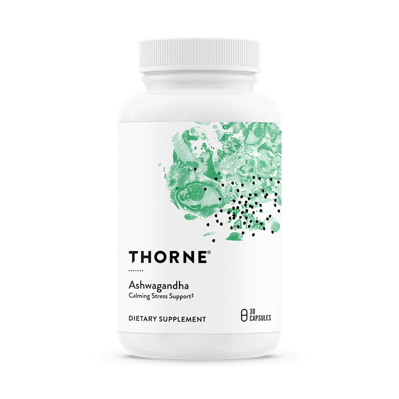 Thorne Ashwagandha 30 Capsules bottle front with white label and green abstract design