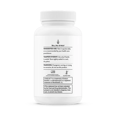 Back label of Thorne Radiant Skin Complex 60-capsule bottle showing usage directions, warnings, and gluten-free icon