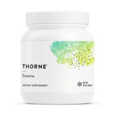 Thorne Creatine 90 servings white tub, front label with green abstract design and black text