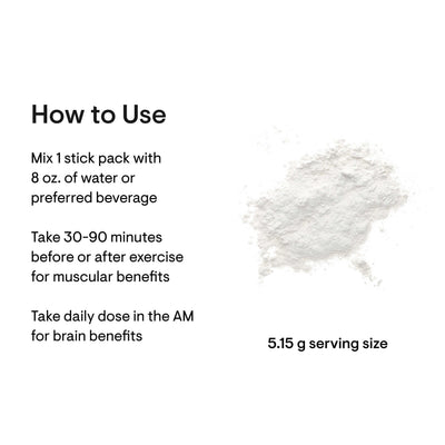 Thorne Creatine Travel Packs usage instructions with white creatine powder pile and 5.15 g serving size text