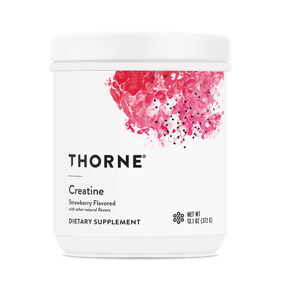 Thorne Creatine Strawberry Flavored 60 servings tub, white container with pink abstract artwork on the front label