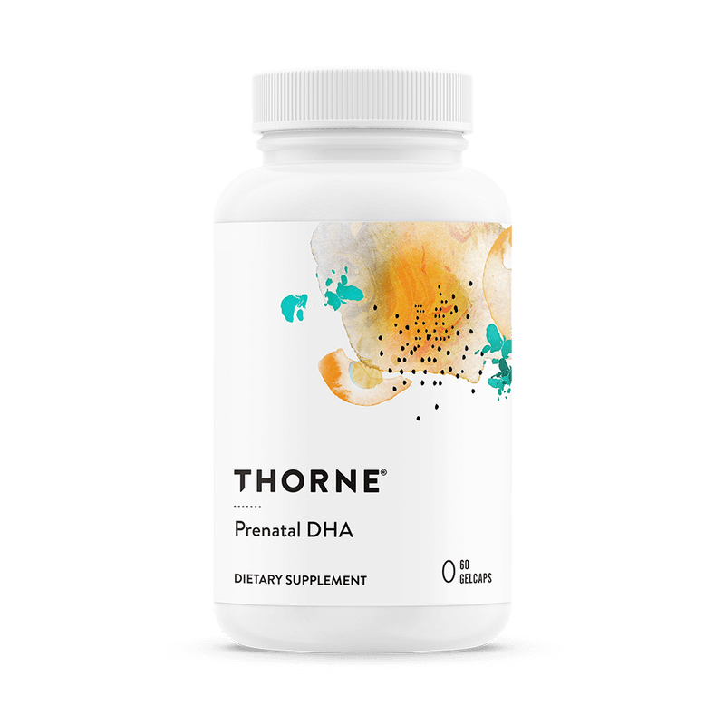 Thorne Prenatal DHA 60 gelcaps bottle front with white label and abstract orange and teal watercolor design