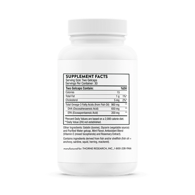 Thorne Prenatal DHA 60 gelcaps bottle back showing supplement facts and ingredient information label