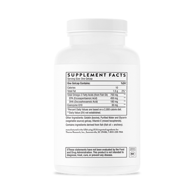Back view of Thorne Omega-3 with CoQ10 90 gelcaps bottle showing detailed supplement facts and ingredients label.