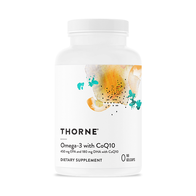 Thorne Omega-3 with CoQ10 90 gelcaps bottle front with white label and colorful abstract design