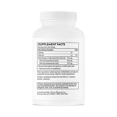 Thorne Super EPA 180 Gelcaps bottle back showing white label with detailed supplement facts and ingredients text
