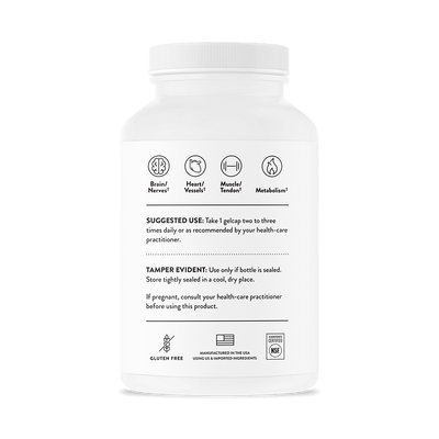 Thorne Super EPA 180 gelcaps bottle back showing usage directions, benefits icons, and gluten-free and NSF certifications