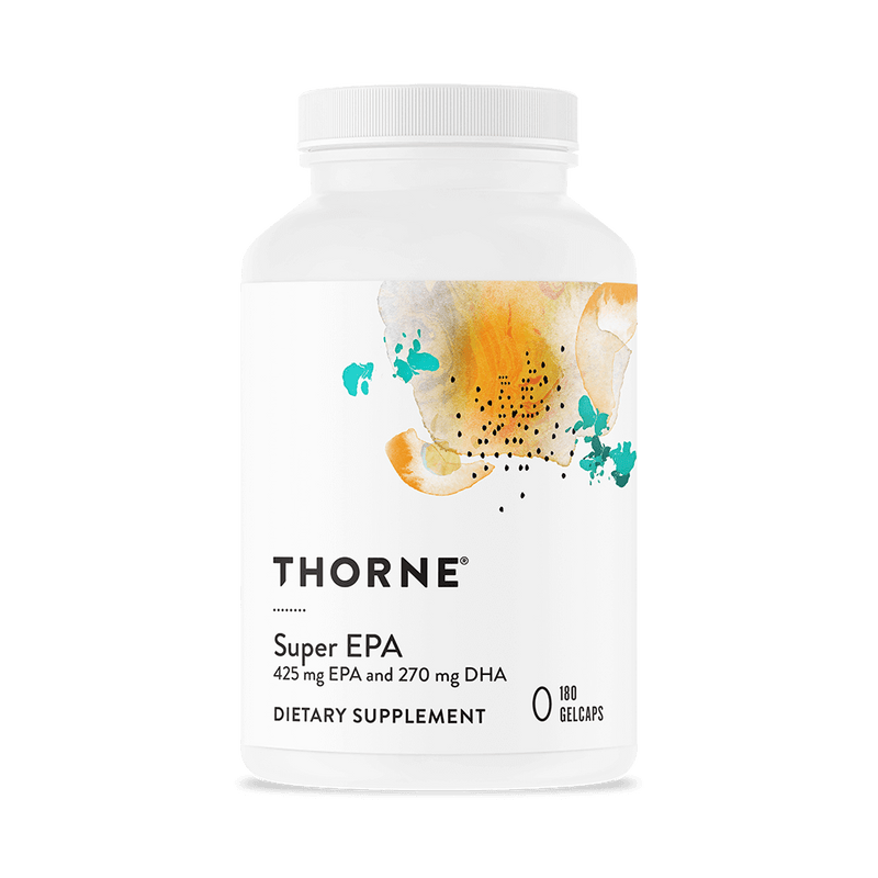 Thorne Super EPA 180 gelcaps bottle front with white label and abstract orange and teal artwork
