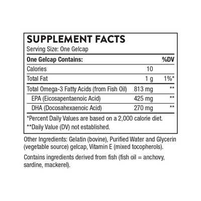 Thorne Super EPA 180 Gelcaps supplement facts label showing omega-3, EPA, DHA, and other ingredient details
