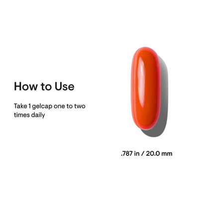 Thorne CoQ10 bright orange gelcap shown with dosage directions and size listed as .787 in / 20.0 mm