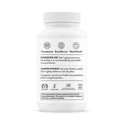 Thorne CoQ10 60 Capsules supplement bottle, white plastic with printed usage, warning, and gluten-free icons on the label