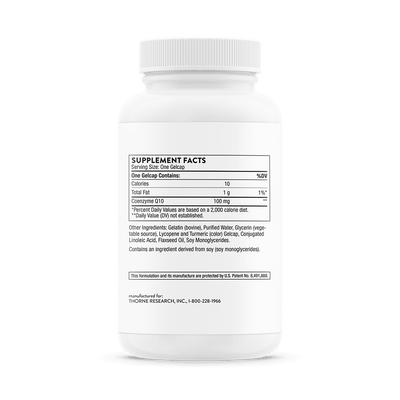 Thorne CoQ10 60 Capsules bottle back showing supplement facts panel and ingredient list on white packaging