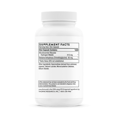 Thorne Niacel 400 60-capsule bottle back showing supplement facts and ingredient list on white label