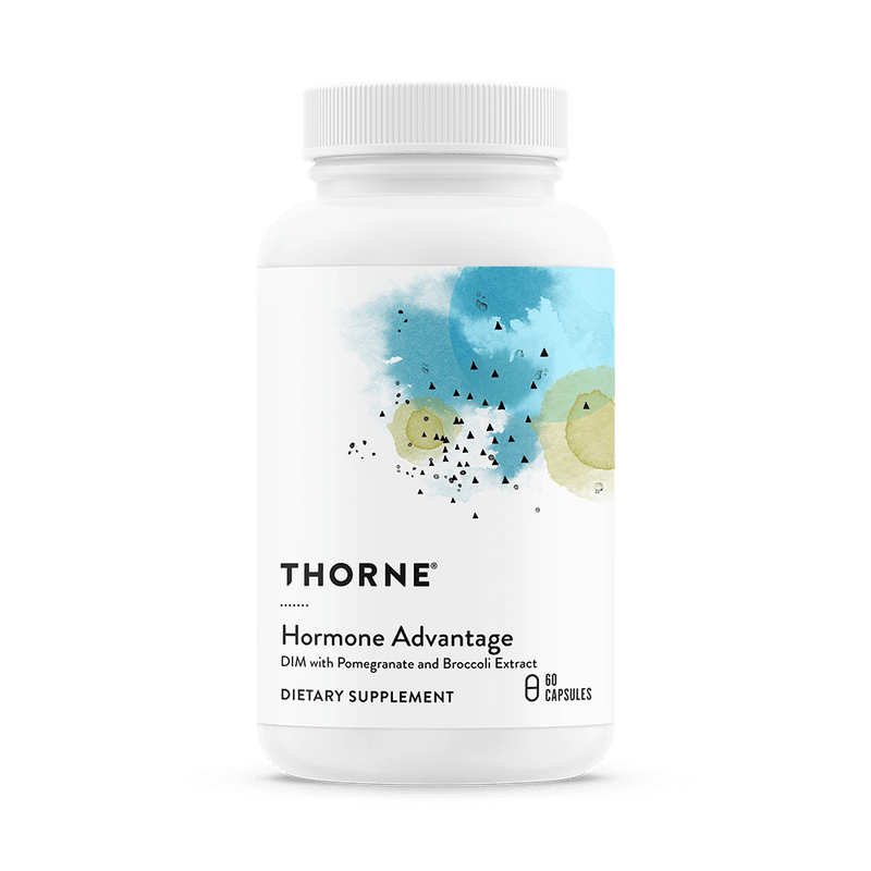 Thorne Hormone Advantage 60 capsules bottle front with white label and blue-green abstract design