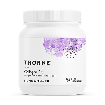 Thorne Collagen Fit 30-scoop white tub front label with purple abstract design and black text
