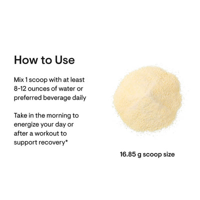 Thorne Collagen Fit powder scoop shown with how-to-use directions and 16.85 g scoop size text on white background