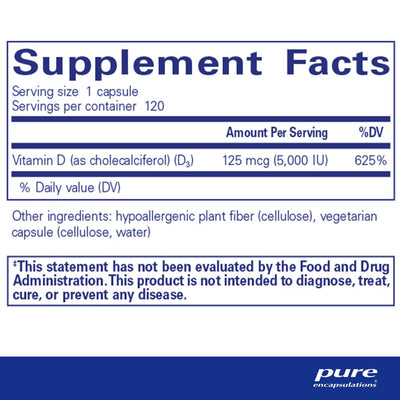 Pure Encapsulations Vitamin D3 5,000 IU (125 mcg) – High-Potency Vitamin D3, 120 Capsules