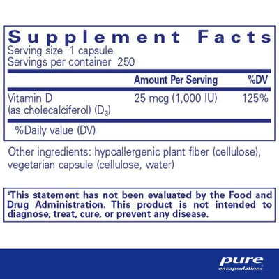 Pure Encapsulations Vitamin D3 1,000 IU – Bone And Immune Support, 250 Capsules
