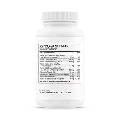 Thorne Basic Nutrients 2/Day 60 Capsules bottle back showing detailed supplement facts and dosage information.