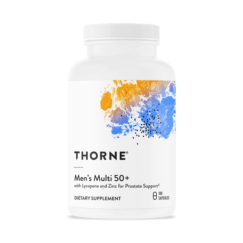 Thorne Men’s Multi 50+ 180 capsules bottle front with abstract orange and blue design on white label