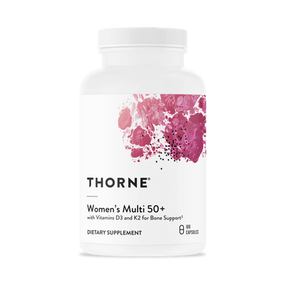 Thorne Women’s Multi 50+ 180-capsule bottle with pink abstract design and front label showing vitamin and bone support text