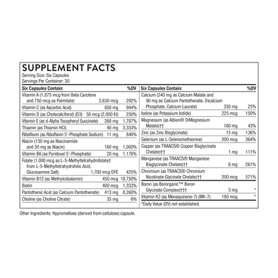 Thorne Women’s Multi 50+ 180 Capsules supplement facts label showing detailed vitamin and mineral amounts and %DV.