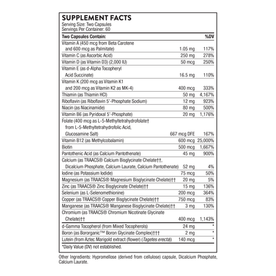Thorne Basic Nutrients 2/Day 120 Capsules supplement facts label showing vitamin and mineral amounts and %DV per serving