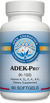 Apex Energetics ADEK Pro 90 softgels bottle front label showing vitamin A, D3, E, K1, and K2 dietary supplement packaging
