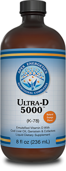 Apex Energetics Ultra D 5000 8 oz bottle front, brown liquid dietary supplement with blue and white label, natural orange flavor