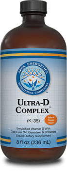 Apex Energetics Ultra D Complex 8 oz brown bottle front label, K-35 emulsified vitamin D liquid dietary supplement