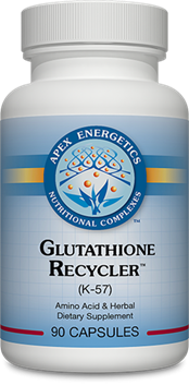 Apex Energetics Glutathione Recycler 90 Capsules bottle front with blue, white, and yellow label design