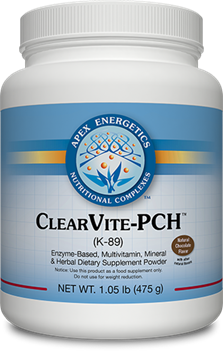 Apex Energetics ClearVite PCH 475g white supplement powder bottle front label with blue and gold design