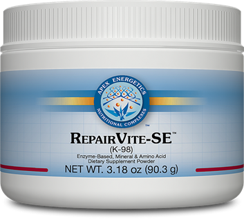 Apex Energetics RepairVite SE 90.3 g white supplement powder tub with blue-and-gold logo and front label visible