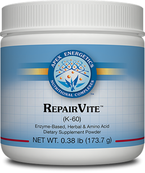 Apex Energetics RepairVite 173.7 g white jar front label, enzyme-based herbal and amino acid dietary supplement powder