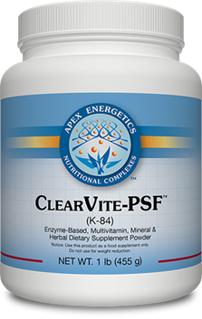 Apex Energetics ClearVite-PSF 455 g white plastic bottle front label, enzyme-based multivitamin mineral herbal powder
