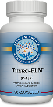 Apex Energetics Thyro-FLM (K-137) 90 capsules bottle front label, white container with blue and yellow design