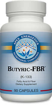 Apex Energetics Butyric-FBR 90 capsules bottle front label, white plastic supplement container with blue and yellow accents