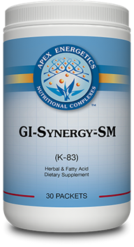 Apex Energetics GI-Synergy-SM (K-83) 30 packets bottle front, white and blue label herbal and fatty acid supplement