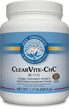 Apex Energetics ClearVite-CHC 530.5 g bottle front, white plastic jar with blue label and nutritional complex logo