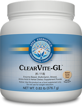 Apex Energetics ClearVite-GL Vanilla 376.7 g white supplement powder bottle, front label with blue and gold accents